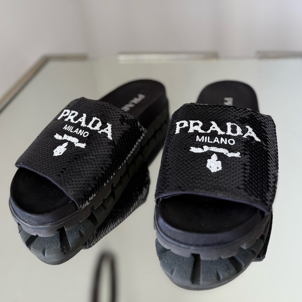 EUC Prada Black Paillettes Sequin Logo Slide Sandals 36 - Picture 7 of 7